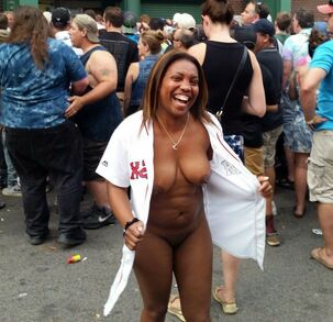 Chesty dark-hued wifey exhibitionist nude in center of euro