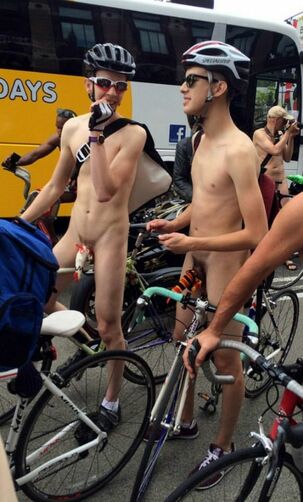 Entirely nude masculine cyclists with stringing up